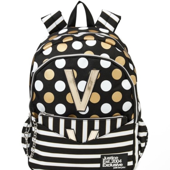 Justice Handbags - Justice Backpack Initial V Black White Gold Polka Dots Bookbag & Wristlet NEW